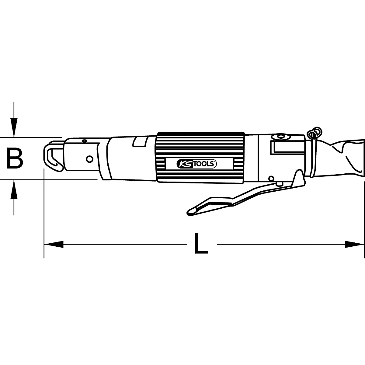 Zeichnung einer Druckluft-Säge mit Maßangaben (B und L) und KS TOOLS Logo.